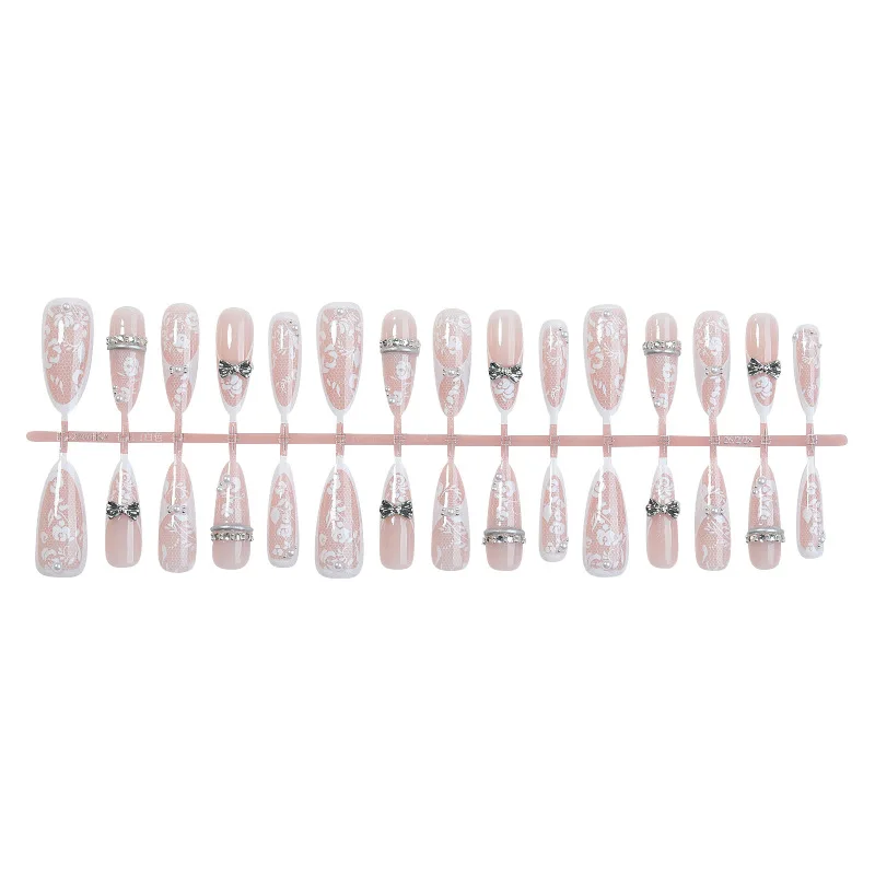 24개입 Y2K 스틸레토 스틱온 네일 팁 심플 화이트 레이스 플라워 프렌치 네일 팁 메탈릭 실버 3D 보우 펄 아몬드 모양 가짜 네일