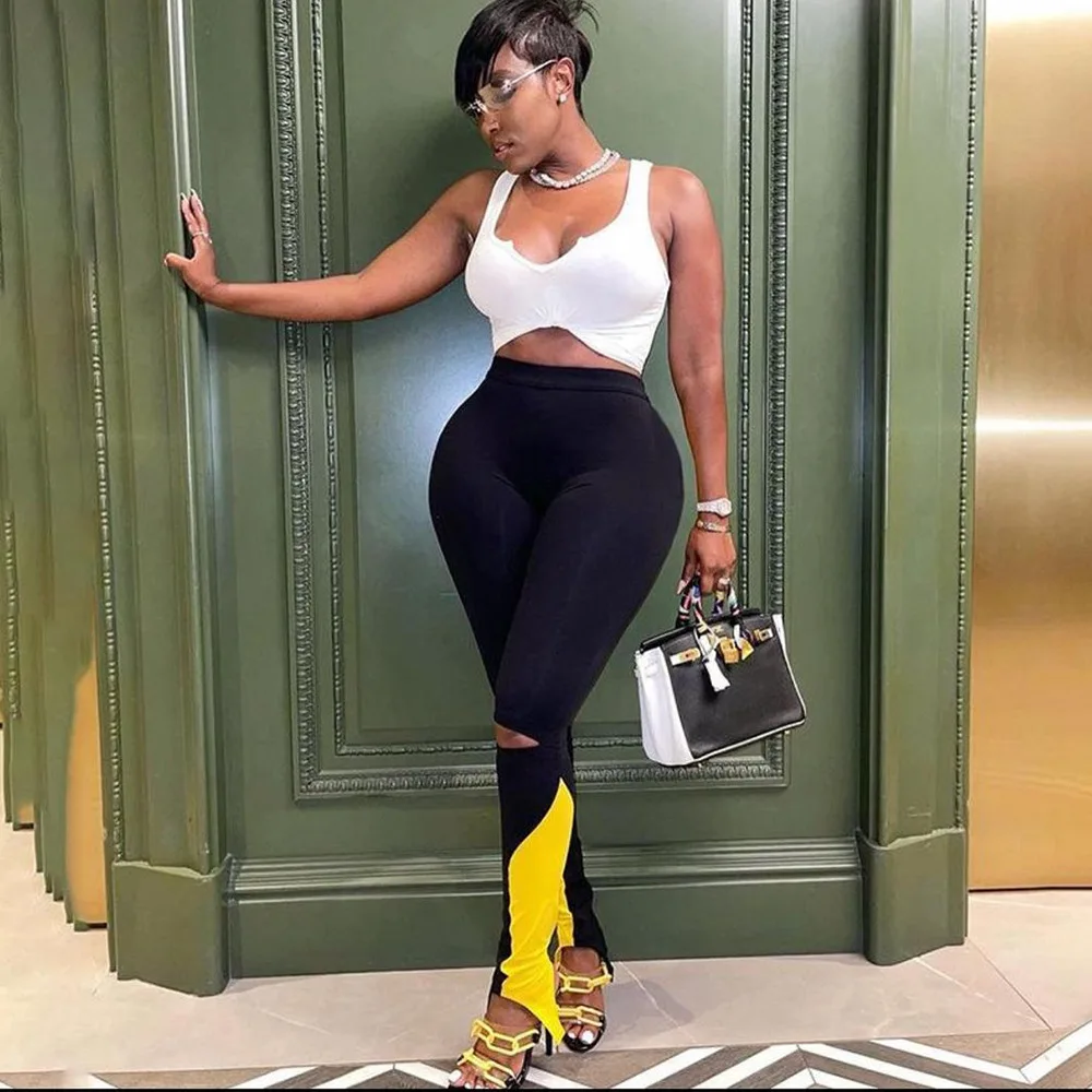 SKMY Women Clothing Sexy Tight Hollow Out Holes Flared Pants Fashion Patchwork Trousers 2022 Autumn New Arrived Streetwear