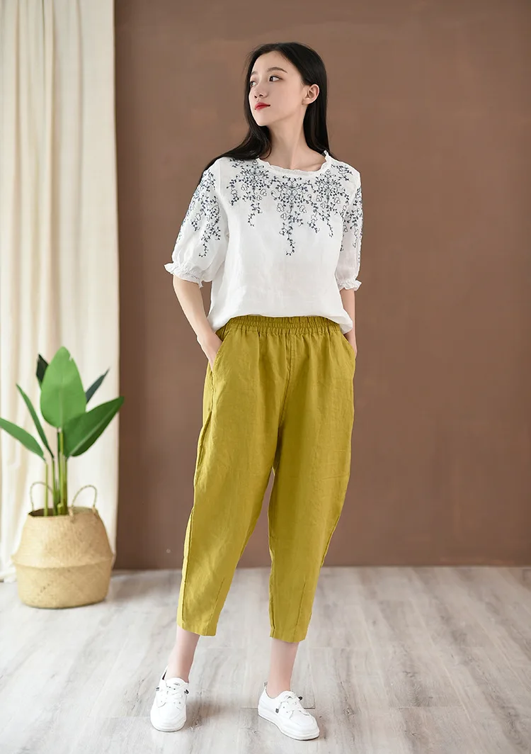 2022 New Style Loose Women Calf-length Pants Spring Summer Solid Cotton Linen Women Pants RV658 white capris