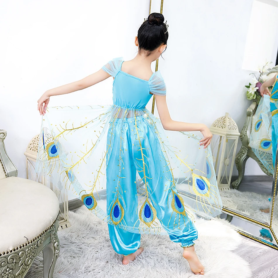 Princess Jasmine Suits With Peacock Tulle Cloak Movie Aladdin Girl Costume Arabian Ethnic Clothing Stage Performace