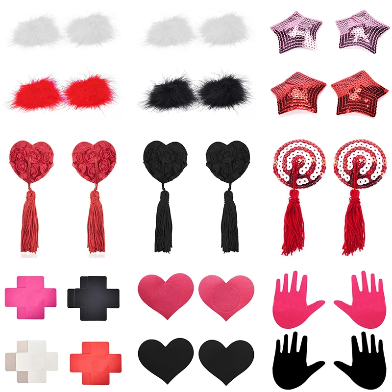 1 Pair Sex Product Sexy Sequin Nipple Covers With Tassels Heart Shape Nipple Stickers Pasties Chest Stickers silicone nipple cover disposable nipple cover breast nipple covers breast sticker