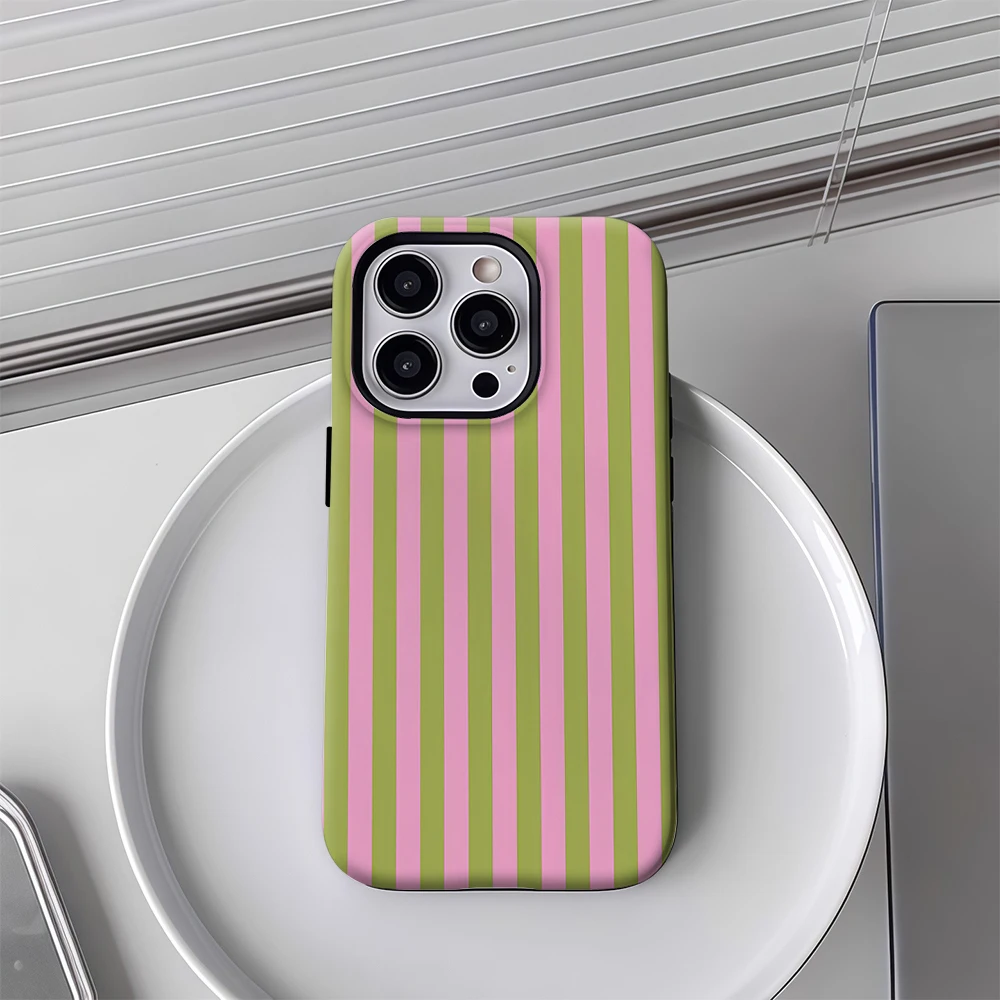 Luxury Double-Layer Phone Case with Pink and Green Vertical Stripes