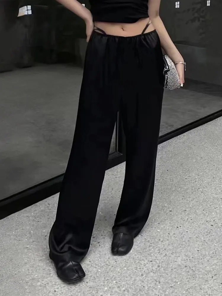 

VGH Solid Patchwork Lace Up Straight Pant For Women High Waist Satin Temperament Floor Length Trousers female Summer Style New