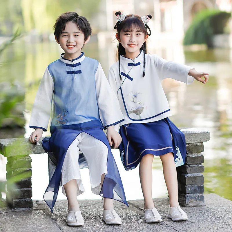 

Lovely Boy&Girl Ancient Chinese Hanfu Suit Vinatge Traditional Dance Perform Costume Kids Martial Arts Student Uniform Cosplay