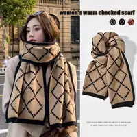 Women's Red Winter Scarf - Korean Style Plaid Knit Wool Neck Warmer Fashion Student Casual Warm Soft Wrap For Cold Weather New