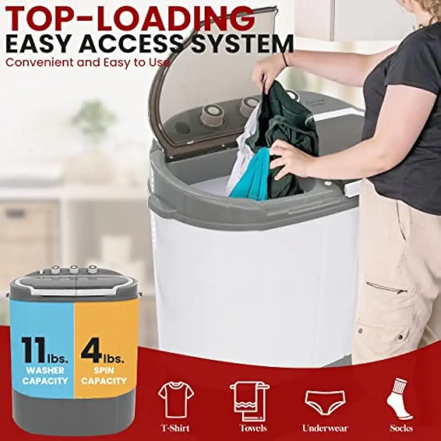Washer & Dryer, 2 in 1 Portable Mini Washing Machine, Twin Tubs, 11lbs. Capacity, 110V, Spin Cycle w/Hose