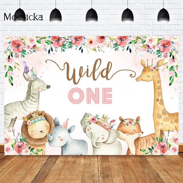 Mocsicka CUSTOM Rainforest Animals Wild One Backdrops Children Happy Birthday Party Photography Background Cake Table Banner 7