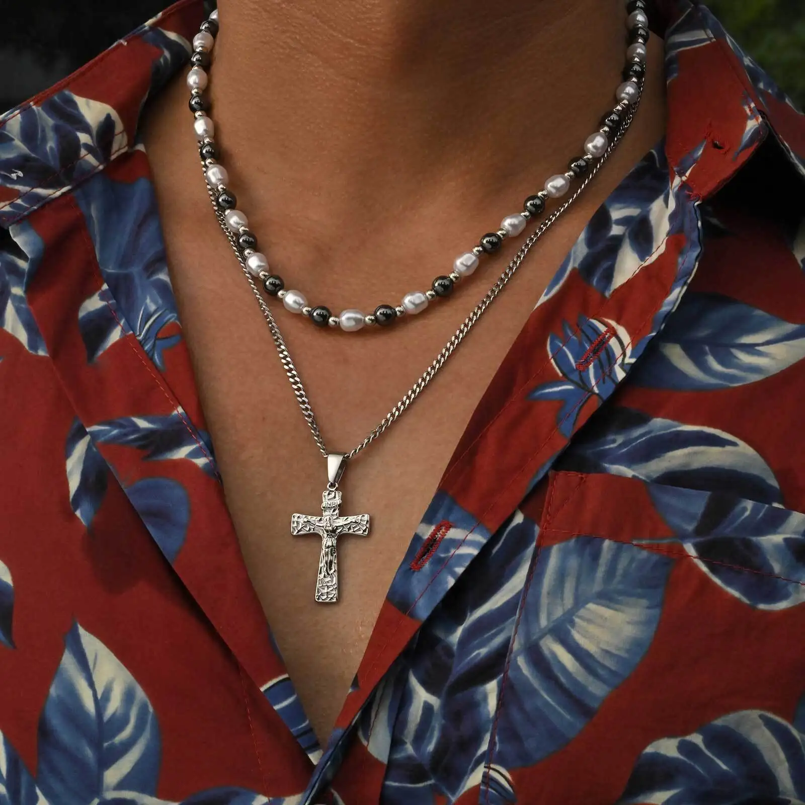 Fashion Christ Cross Necklace for Men,Silver Color Stainless Steel Cross Metal Pendant with Cuban Link Chain,Male Jewelry Gift