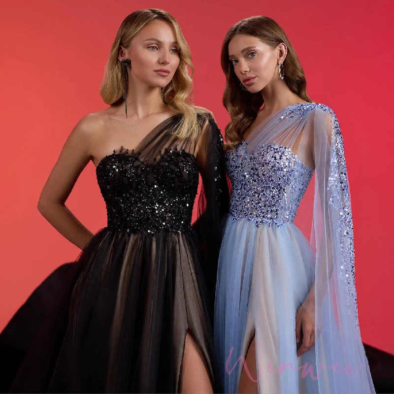 Sparkly Prom Gowns A-line Evening Dresses Long Sleeves V Neck Capes Appliques Beads Pearls Zipper Plus Size Customized 3 Sparkly Prom Gowns A-line Evening Dresses Long Sleeves V Neck Capes Appliques Beads Pearls Zipper Plus Size Customized - Image 3