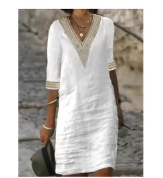 Mini abiti da donna in cotone e lino moda estiva retrò solido scollo a V abito ampio femminile casual elegante abito a maniche lunghe abiti 1