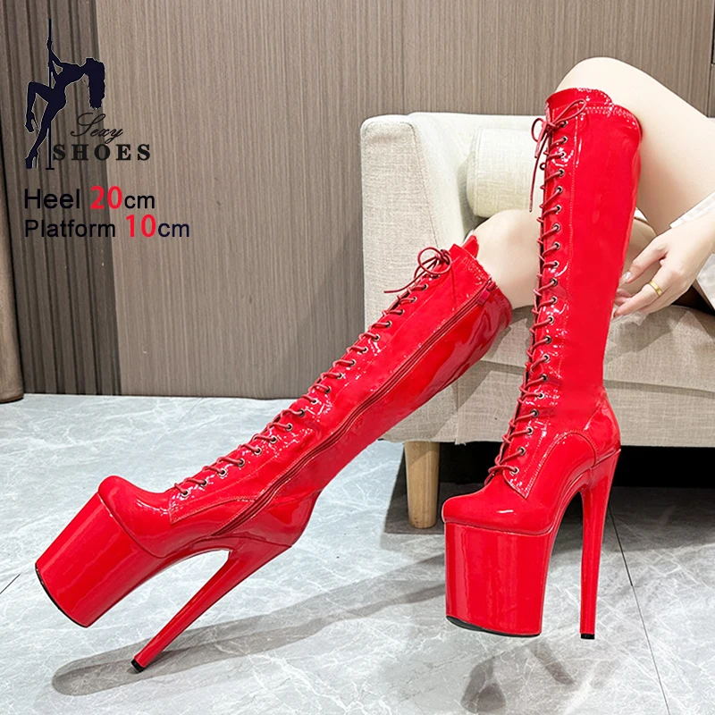 20CM Ultra high heels Knee High Boots For Women's Platform Side Zipper Lacce-up Sexy Pole Dance Shoes Autumn Winter Long Boots