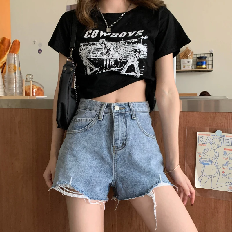 Spring Summer 2021 New Hole Straight Denim Shorts Loose Ladies Fashion High Waist Slim Wide Leg Pants Hot Pants Bottom Women basketball shorts