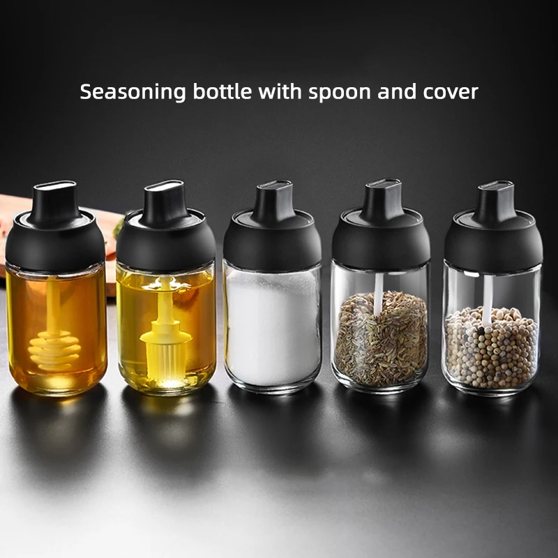 

1PC Glass Spice Box Spoon Lid Integrated Spice Jar Combination Seasoning Jar Kitchen Supplies Home Salt Shaker Oil Bottle Set