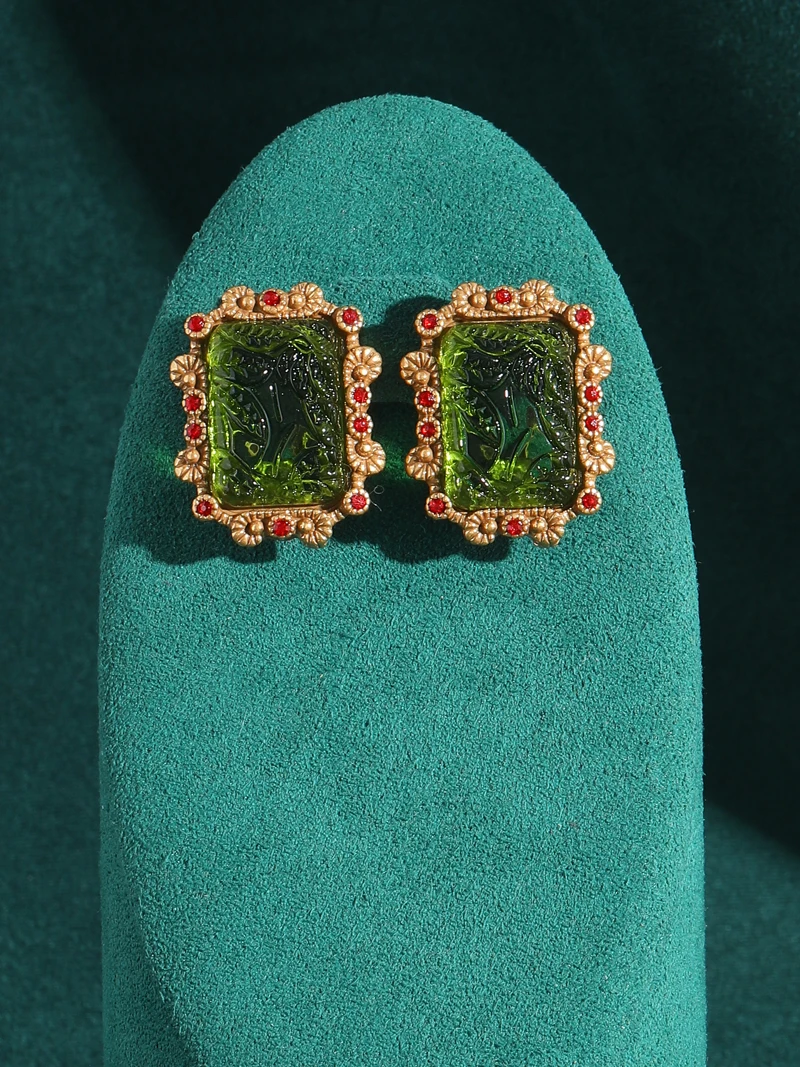 Rectangle Gold Color Green Earrings Studs Antique Relief Palace Glass Luxury Woman Elegant Wedding Charm Vintage Jewelry 2025