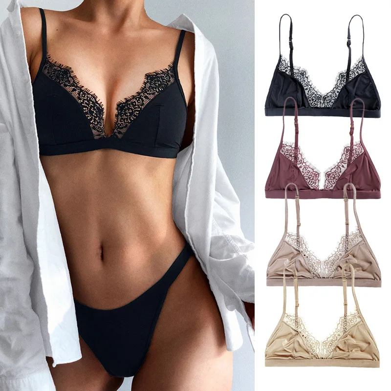 

Ultrathin Eyelash Bralette Bras For Women Ice Female Underwear Soft Intimates Deep V Brassiere Ventilate Push Up Sexy Lingerie