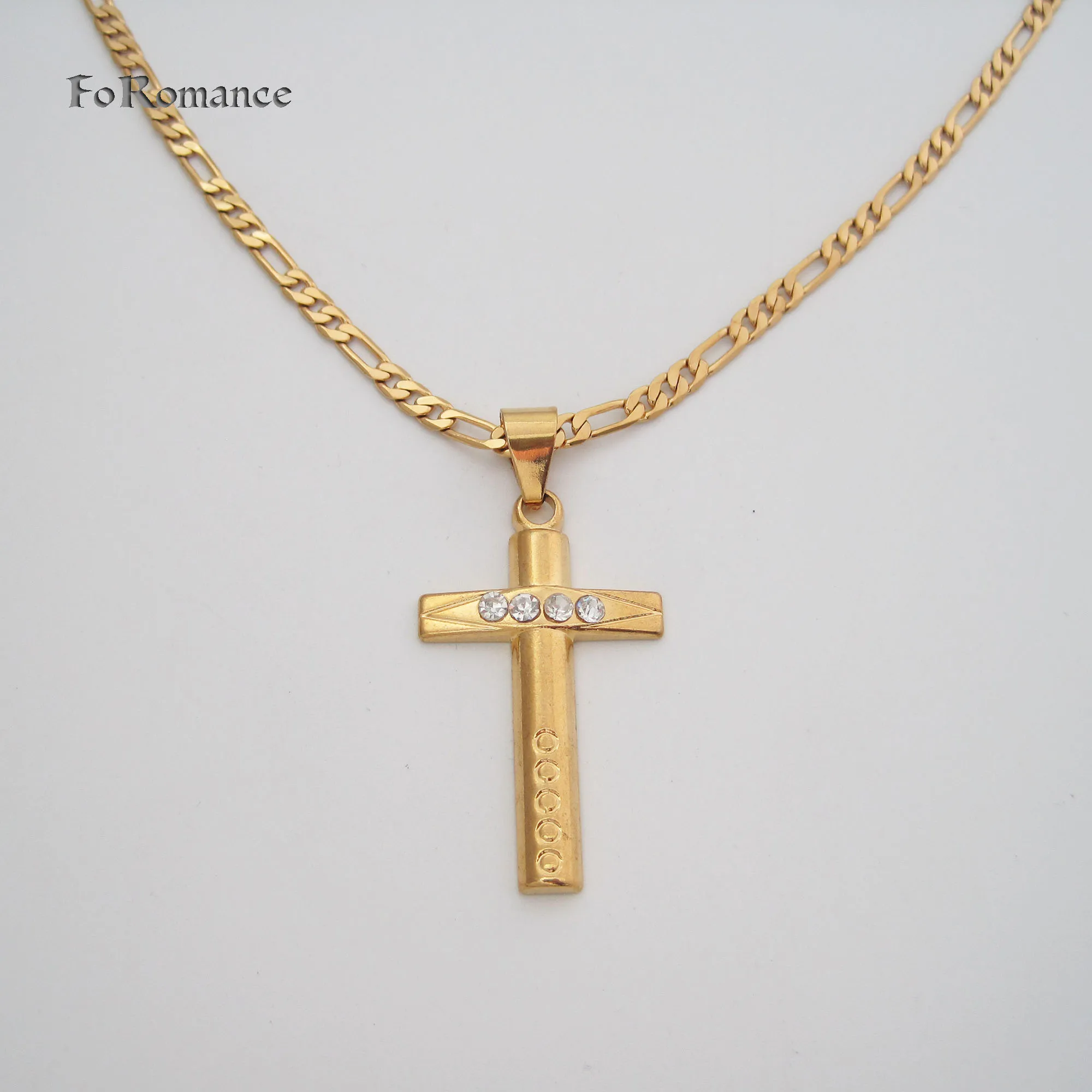 

FoRomance YELLOW GOLD PLATED 24INCH FIGARO CHAIN & SHINNING CZ STONES CROSS PENDANT GREAT GIFT