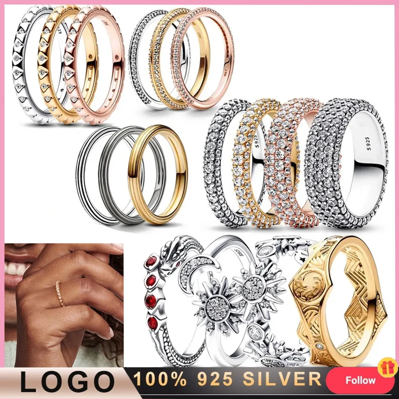 New Women's Popular 925 Sterling Silver Original LogoME Series Crown Dense Pattern Crescent Ring DIY Light Luxury Charm Jewelry new hot 925 sterling silver shining dense set sun moon dropping gel women s logo ring couple light luxury diy charm ring gift