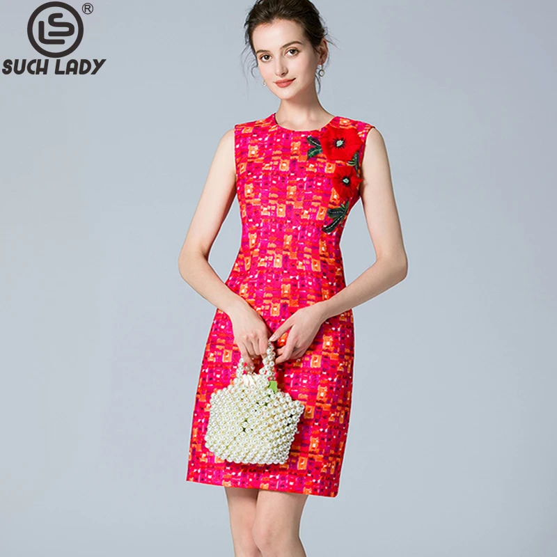 

Women's Runway Dresses O Neck Sleeveless Printed Appliques Elegant Fashion Designer Short Vestidos