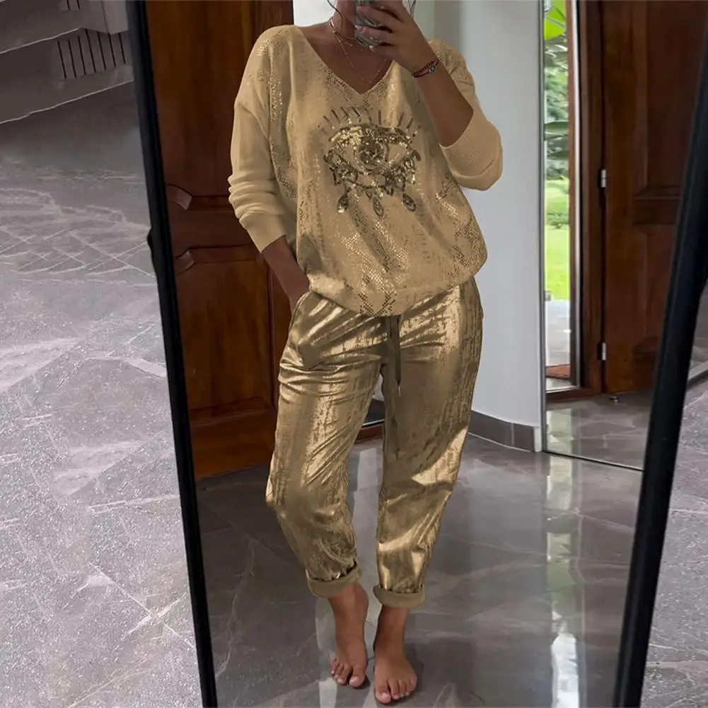 Women Wide Leg Pants Eye Print V Neck Top Pants Set for Women T-shirt Trousers Set with Drawstring Waist Bronzing Detail Women