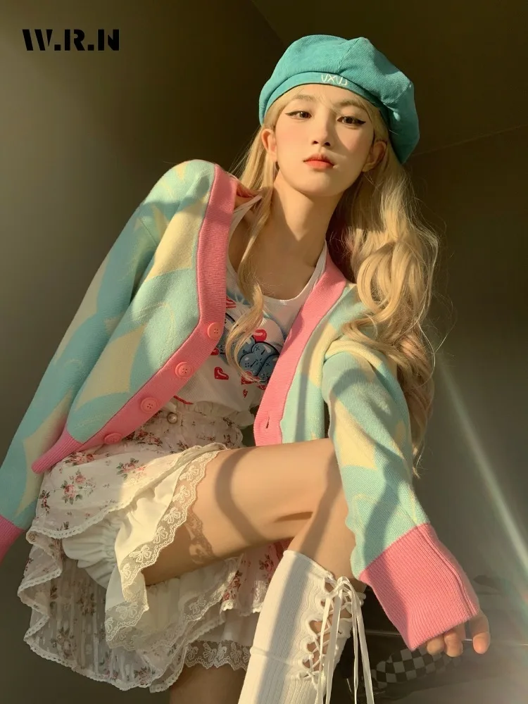 

Женский вязаный кардиган с длинным рукавом, повседневный однобортный свитер составного кроя в Корейском стиле, Y2K, Осень-зима 2023