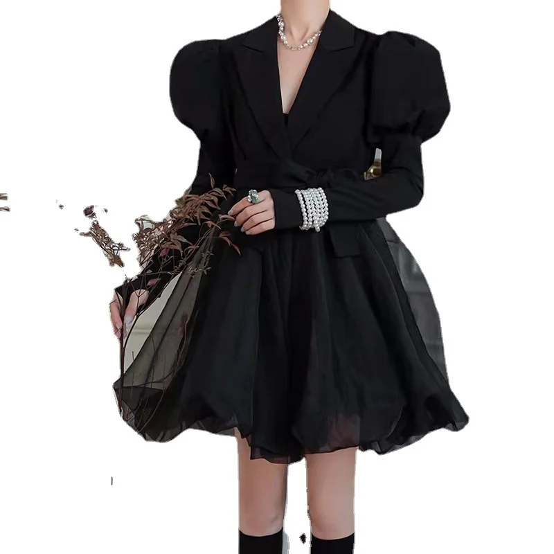 

Fashion Chic Mesh Splicing Women's Suit Jacket 2023 New Spring Autumn Coat Elegant Black Bow Short Suit Dresses Casaco Feminino