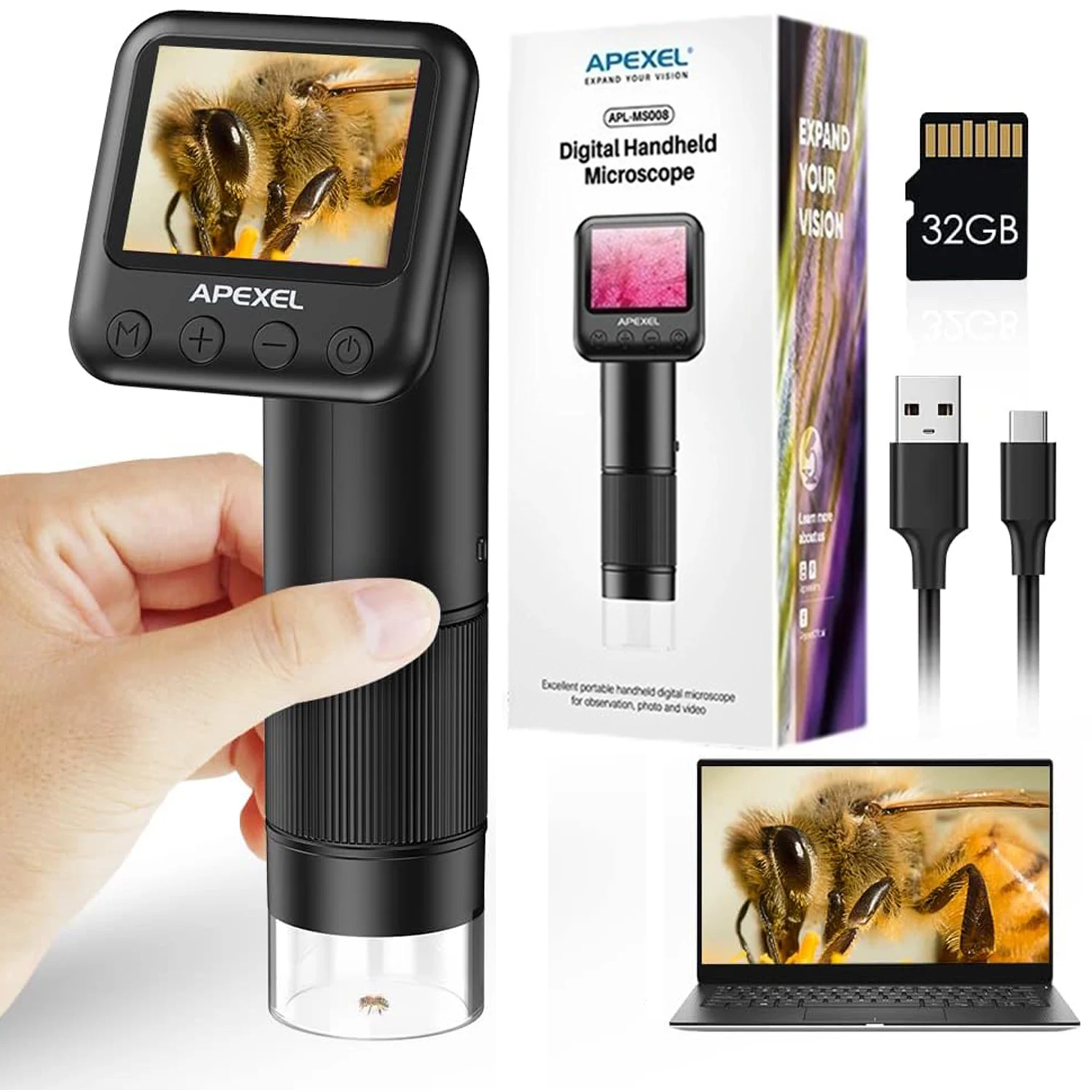 APEXEL APL-MS008 Handheld Digital Microscope 12X-24X Magnification Portable  Microscope for 2.0 Inch LCD Screen 2MP Photo 720P Video Built-in Battery