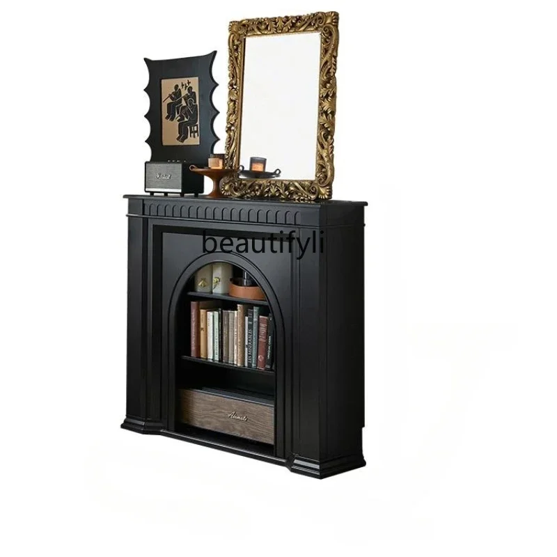 

French Vintage Style Solid Wood Fireplace Black Curio Cabinet American Living Room Entrance Side Cabinet Fireplace Mantel