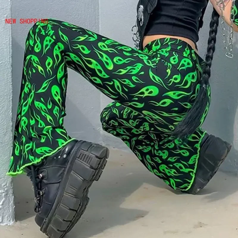 Harajuku Green Fire Print Flare Pants Emo Drunk Style High Waist Bell Bottom Sexy Women Streetwear Y2K Punk Trousers Winter Fall red fire department badge men women socks firefighter windproof beautiful suitable for all seasons dressing gifts