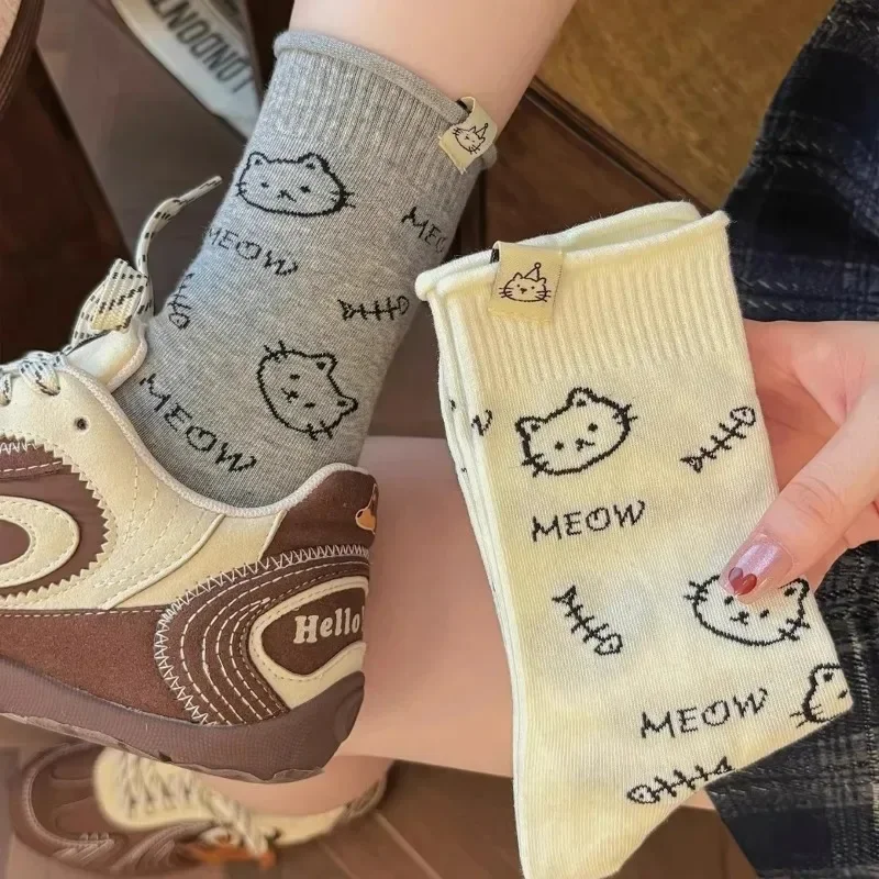 3pairs Comfortable Mid-Calf Cat Printed Socks Cute Breathable Soft Sock Kawaii Fashion Socks High Quality Warm Casual Socks