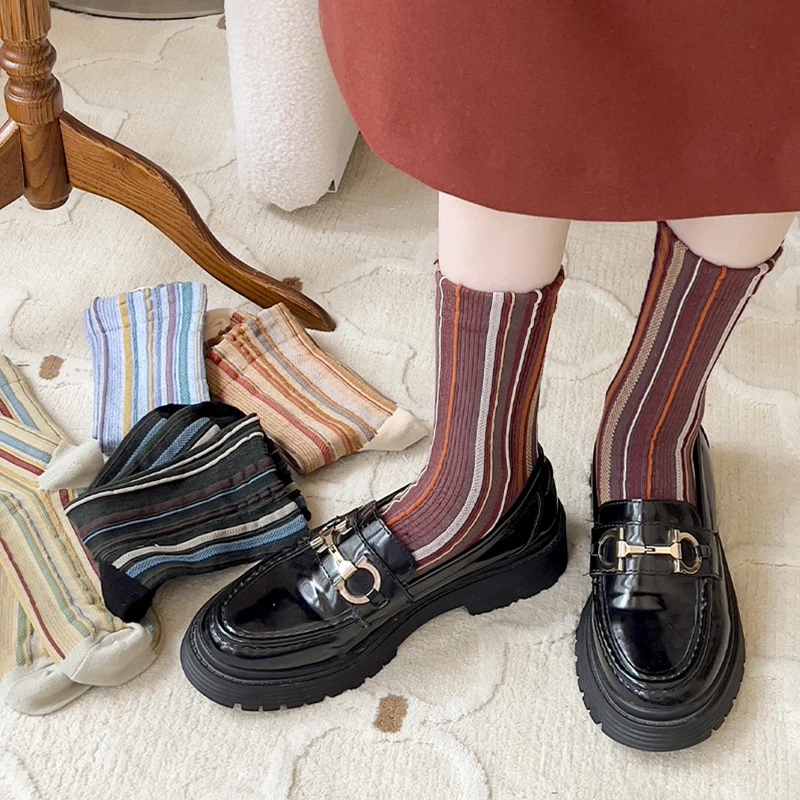 3 Paia Calzini Sportivi A Metà Polpaccio Donna - Cotone Righe Retro, Taglia Unica 35-42