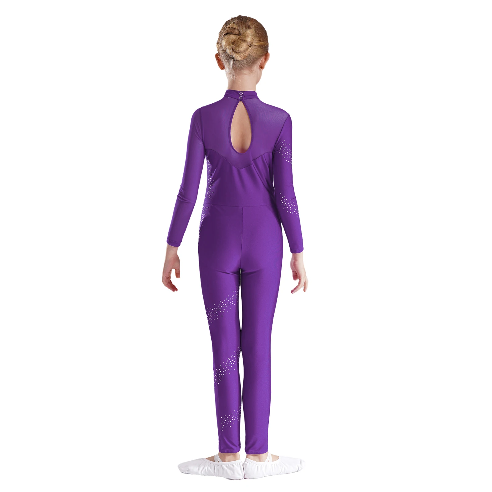 Description Picture 5 of itemKids Girls Figure Skating Gymnastics Leotards Dance Wear Teens Rhinestones Sheer Mesh Long Sleeve Gymnastics Jumpsuit Bodysuit