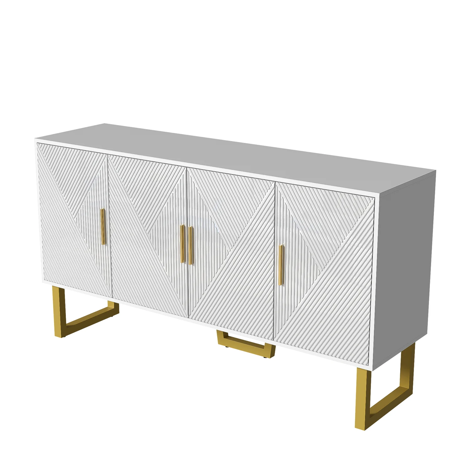 150cm modern, luxurious white sideboard, high-gloss structured doors gold handles 4-door design, height adjustable – Detail 10