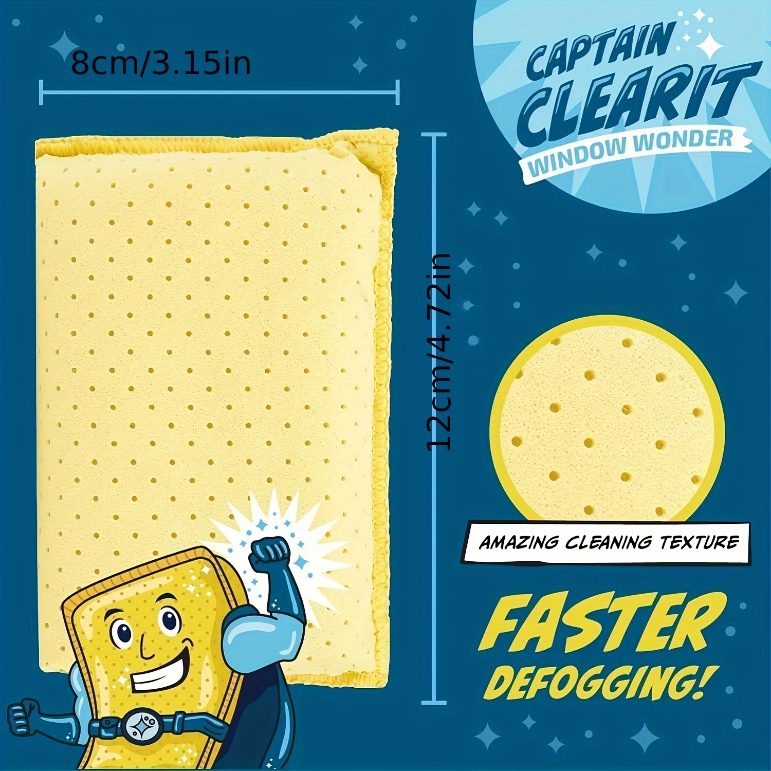 Captain Clear Anti-Fog Sponge Ultra-Absorbent for Car Mirror Glass Easy Clean Indoor Outdoor Water-Absorbing Accessory