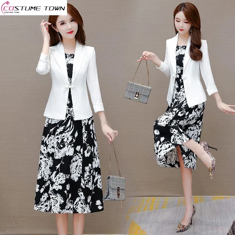Fashion Two-piece Dress for Women Spring and Autumn 2023 New Korean Version Small Suit Chiffon Printed Vest Skirt
