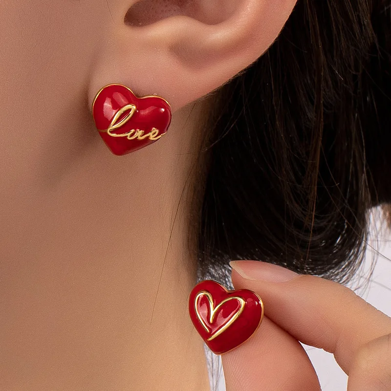 

925 Silver Needle Stud Love Heart Earrings Made of Gold Plated Copper Enamel Colorful Optional Women's Gift