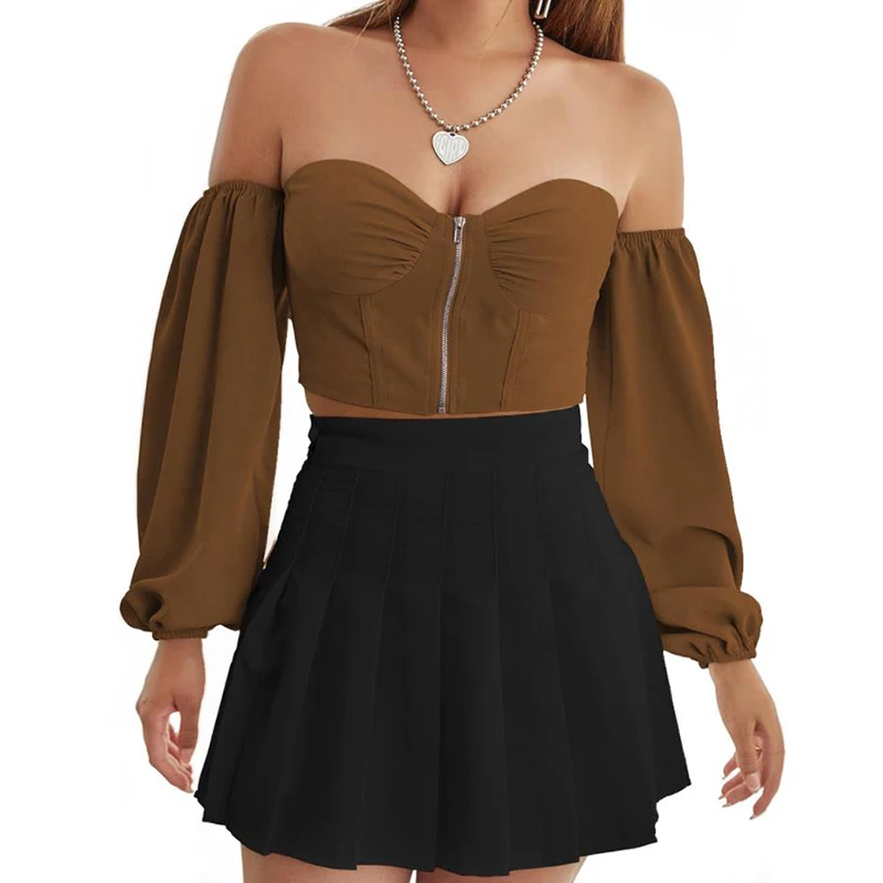 

Summer Women Zipper Blouses Brown Puff Long Shirts Boob Tube Blouse Ladies Fashion Green Blue Bandeau Strapless Cropped Tops XL