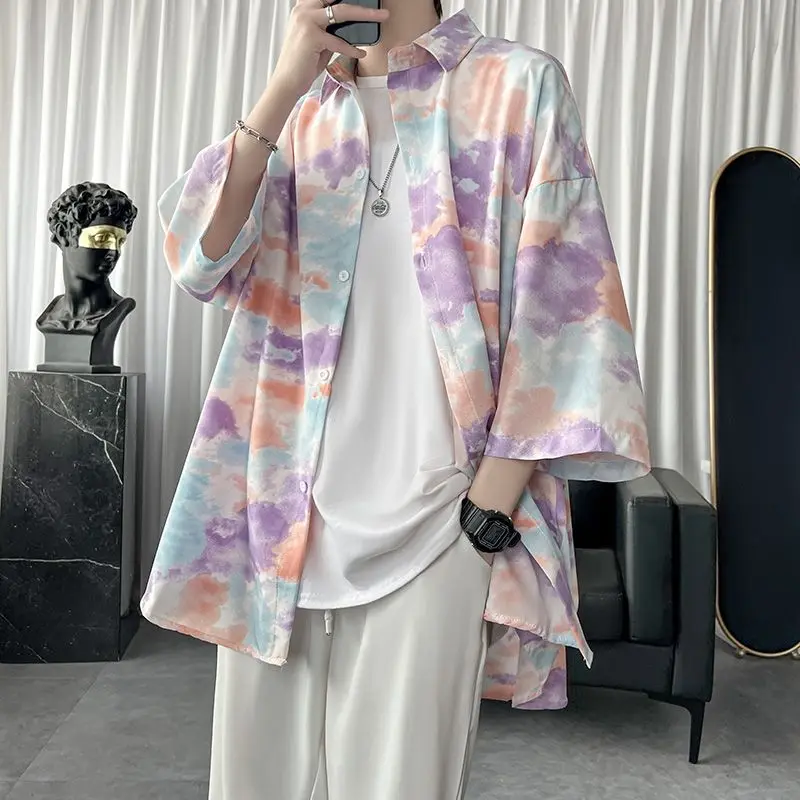 Summer Turn-down Collar Fashion Three Quarter Shirt Man High Street Casual Loose Button Cardigan Personality Printing Youth Tops