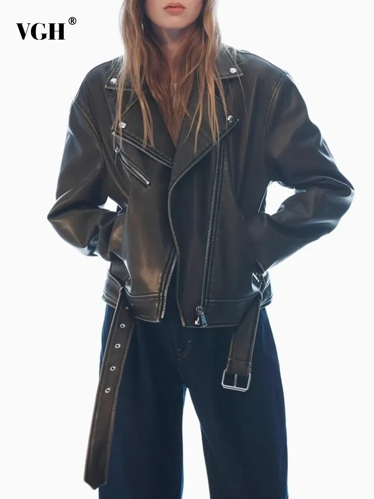

VGH spliced zipper Pu Leather Jackets For Women notched collar Long Sleeve Patchwork Pockets Soild Coats Female Fashion Clothing