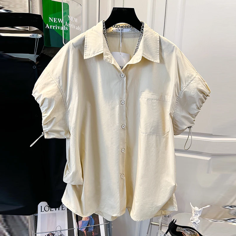 

Fashion Turn Down Collar Single Breasted Shirt Puff Short Sleeve Casual Loose Lace-up Drawstring Tops White Summer Blouse 27514