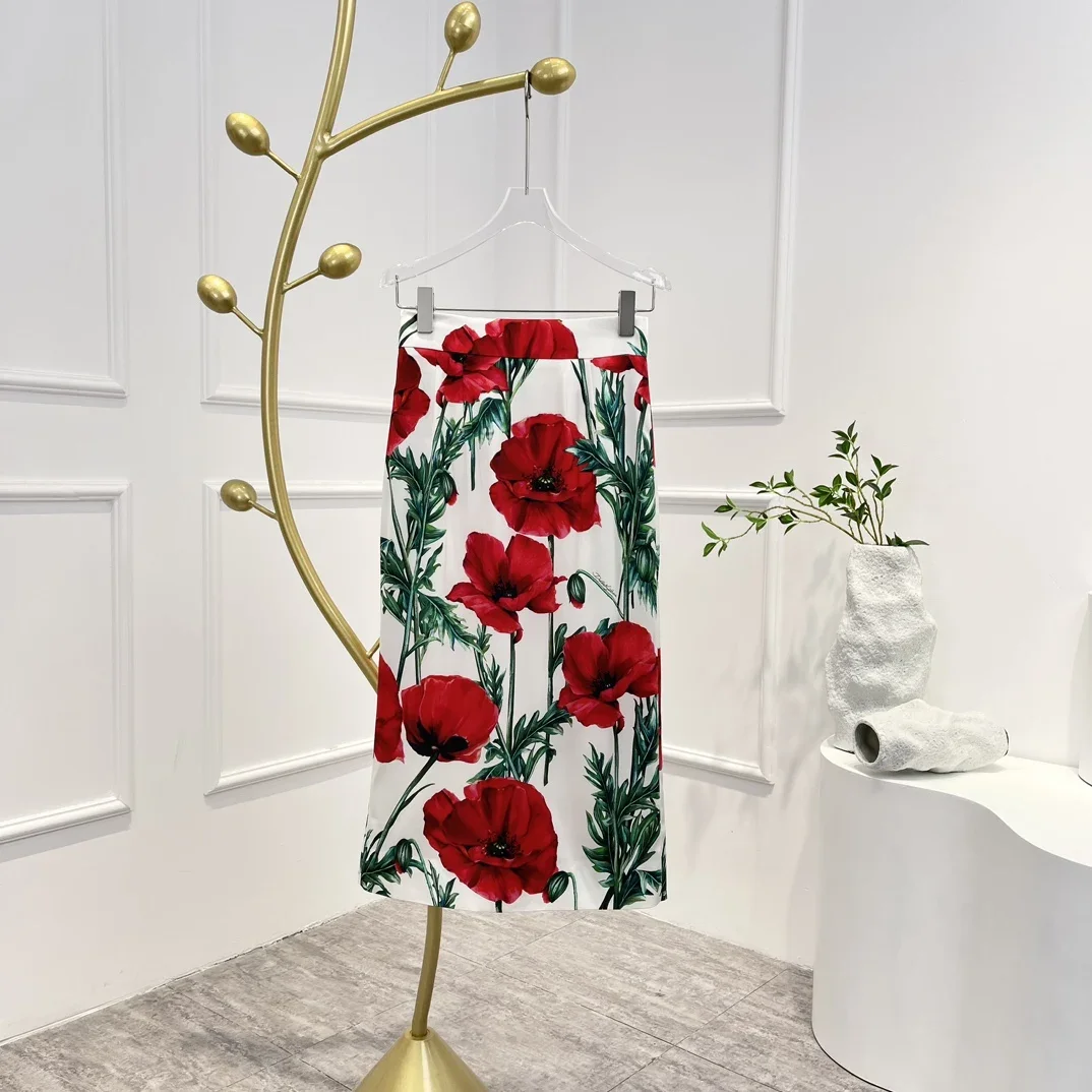 Designer 2023 New High Quality Spring Summer Flower Printing Back Slit Tulip Pencil Silk Midi Skirt for Elegant Woman