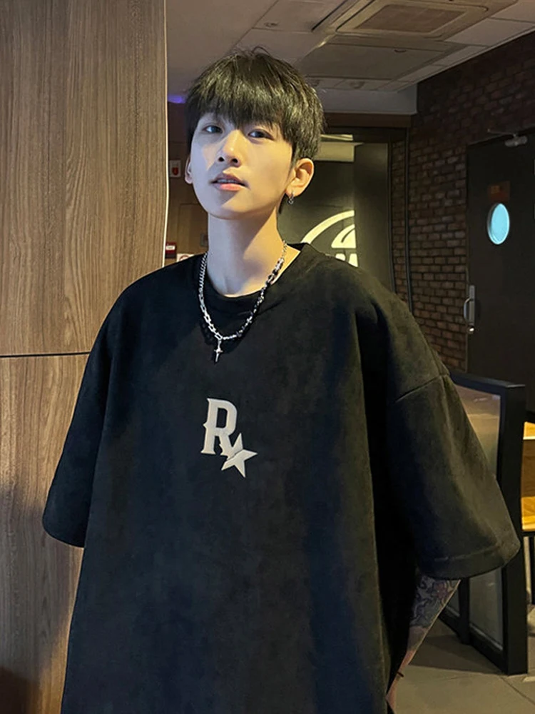 남녀공용 스웨이드 반팔 티셔츠, 루즈한 미국 커플 티셔츠, 캐주얼 반팔 티셔츠, 2024 여름 트렌디 브랜드