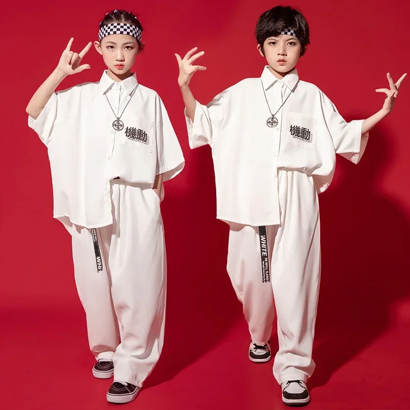 

Детская одежда в стиле K-POP, белая рубашка большого размера, топ с коротким рукавом, свободная уличная одежда, мешковатые брюки для девочек и мальчиков, танцевальный костюм, одежда