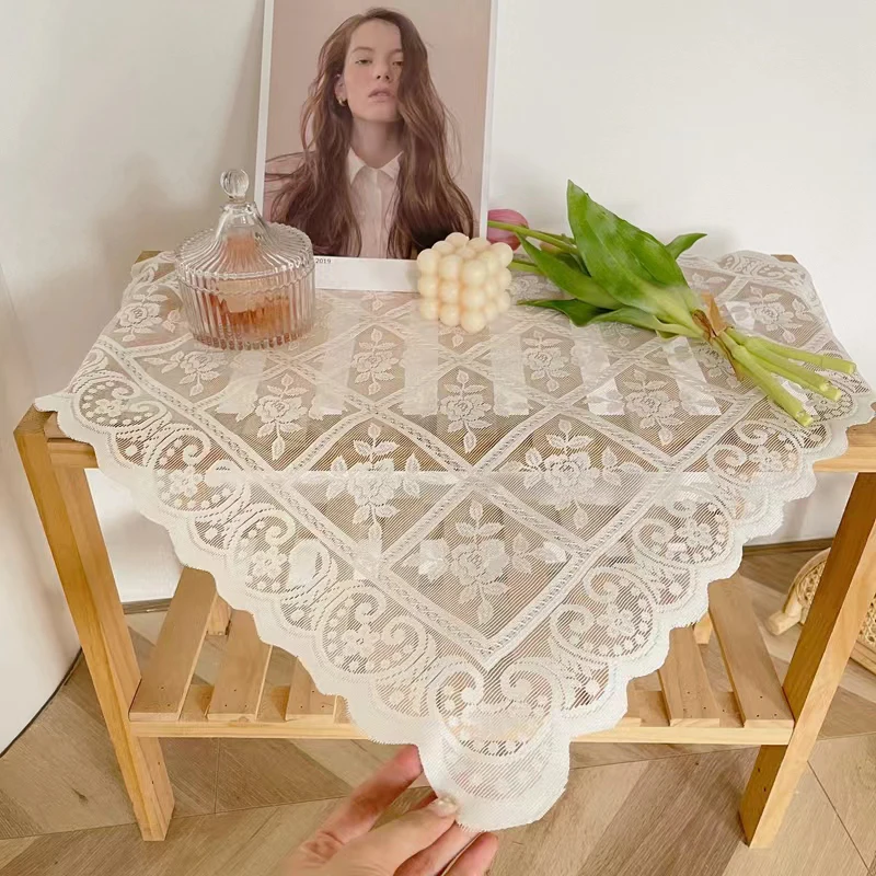 Beige square lace openwork tablecloth retro European embroidery table linen wedding party garden home decoration