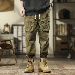 Loose Fit Men's Cargo Pants with Multiple Pockets, Autumn Tapered Jogger Trousers in Military Green