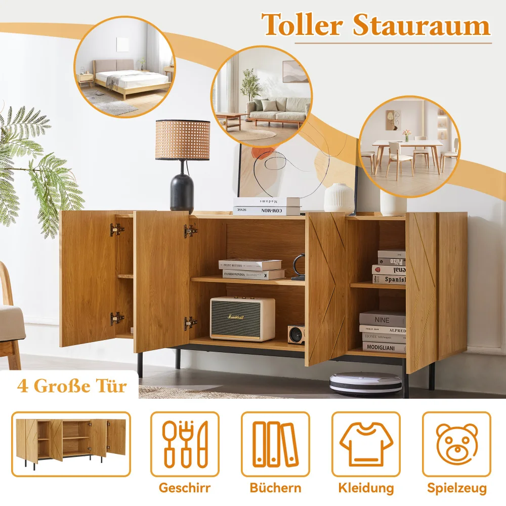PINGGO Modernes Sideboard Wohnzimmer 4 Türen Metalleinlage Buffet Schrank Vielseitig Naturholz 78x160x40cm – Detail 5
