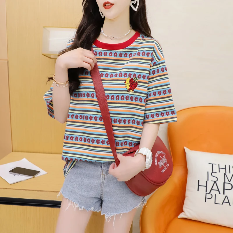 

Футболка женская в полоску с круглым вырезом и коротким рукавом