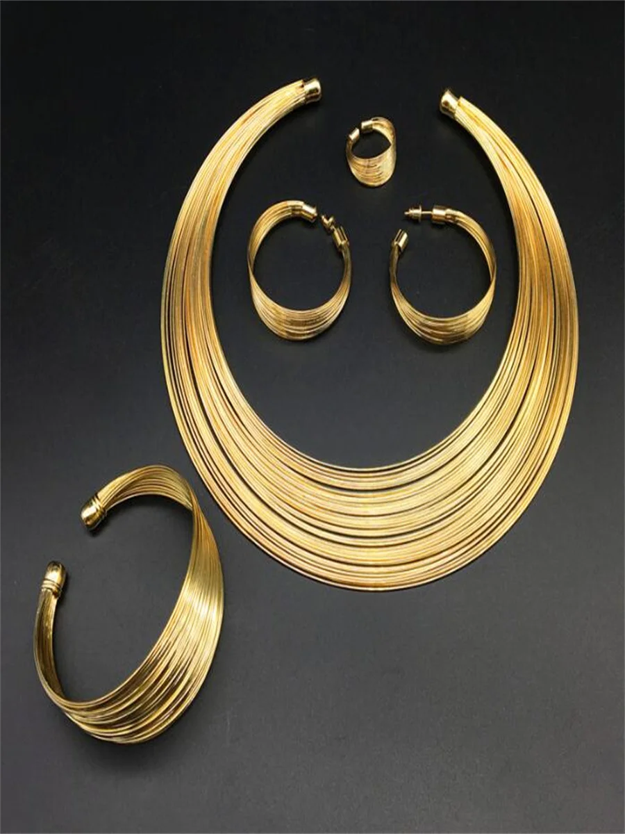 Jewelry Sets Alloy multi-wire collar ring earrings bracelet set of four Gold-plate electroplated alloy jewelry for woman