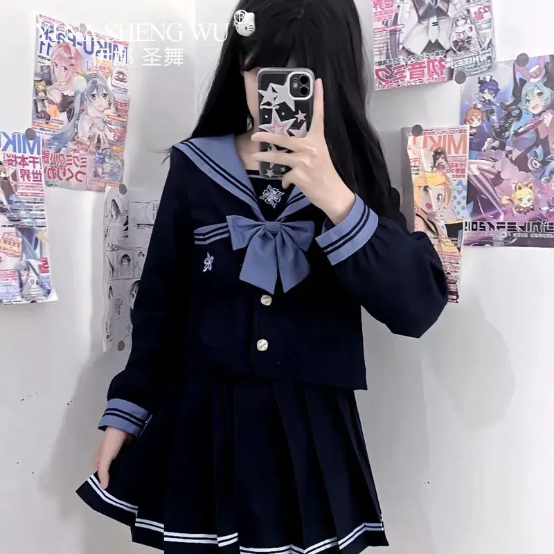 Student Union JK Uniform Cosplay Sailor Suit Pleated Skirt Long Sleeve Top Navy Collar Bow Tie College Style Japanese Korea Suit