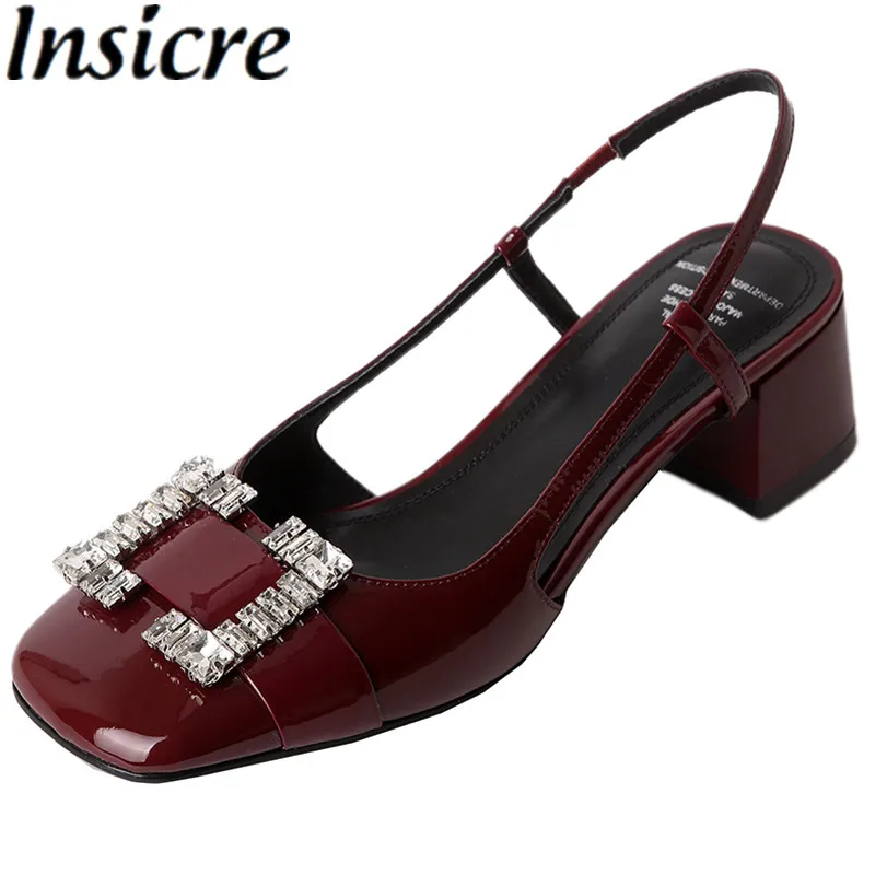 

Insicre 2022 Summer Fashion Women's Sandals Full Genuine Leather Crystal Knot Square Toe Beige Thick Mid Heel Shoes