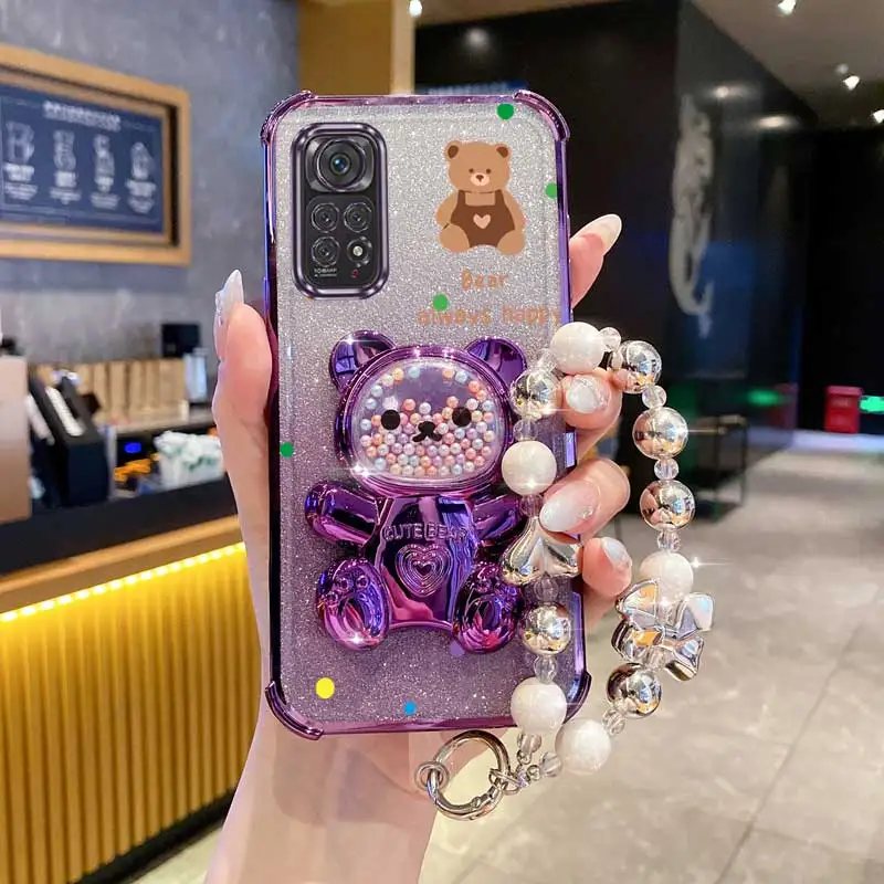 Pearl Glitter Bear Phone Holder Case with Strap